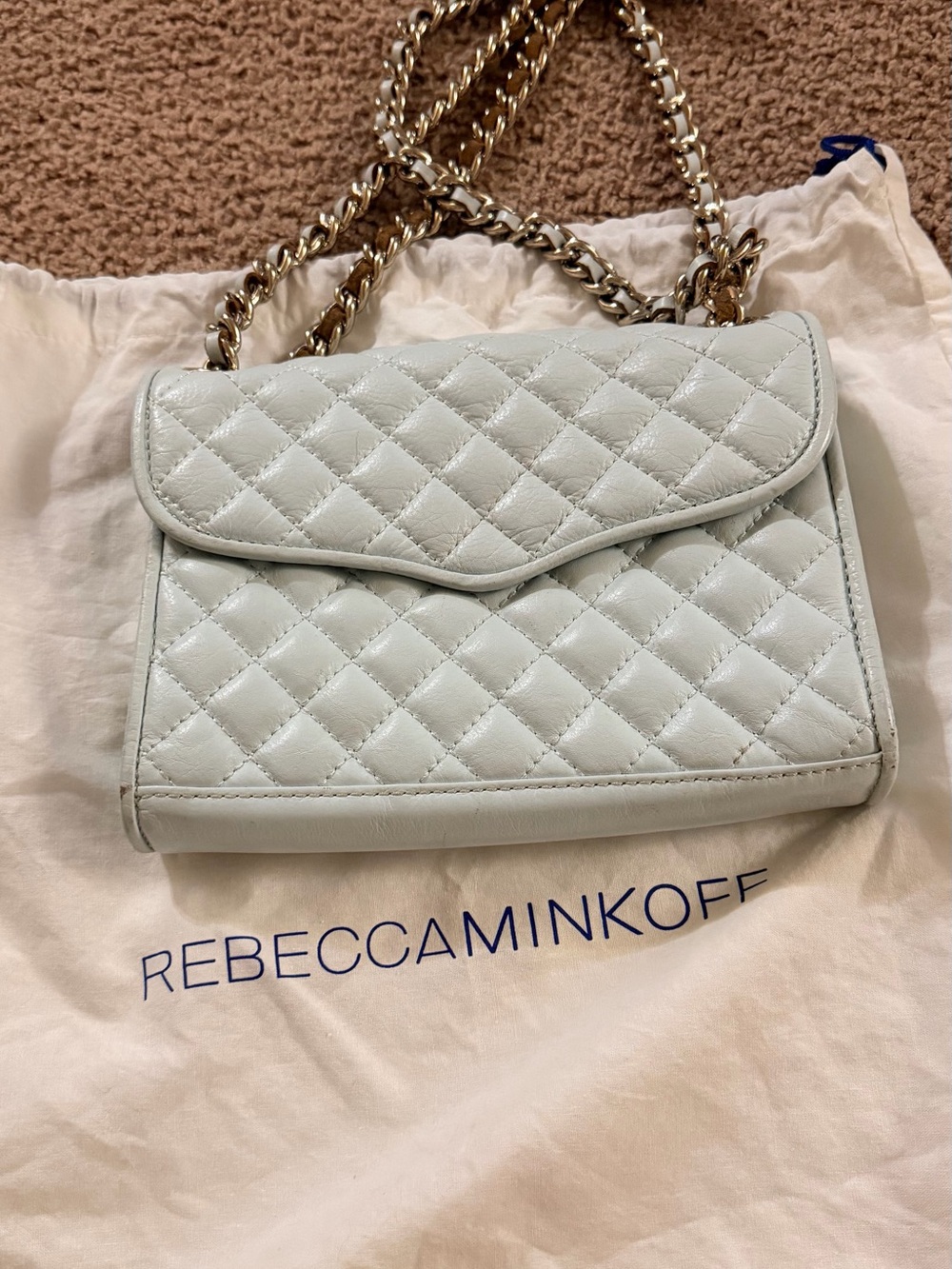 Rebecca Minkoff Quilted Crossbody Bag in Pale Blue with Gold Chain